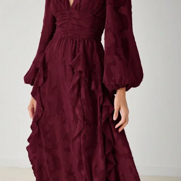 Burgundy Elegant Women's V-Neck Lantern Sleeve Flounce Hem Maxi Dress - Picture 8 of 8